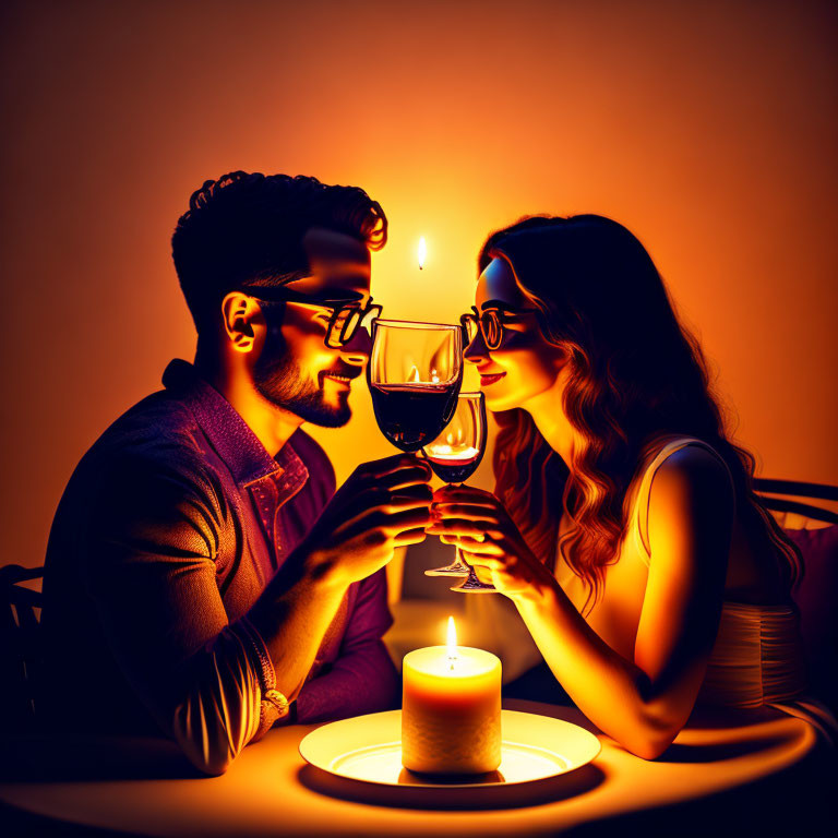 Romantic couple toasting wine glasses by candlelight