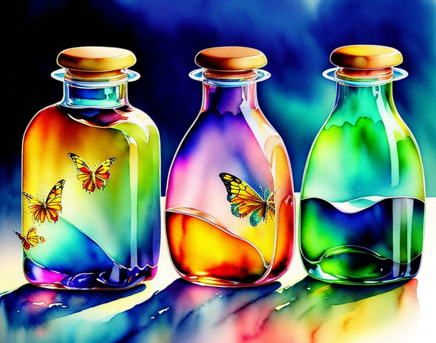 Colorful Butterfly Motif Glass Bottles on Luminous Background