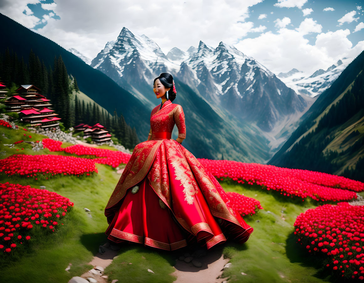 Traditional red dress woman in vibrant flower field with snow-capped mountains