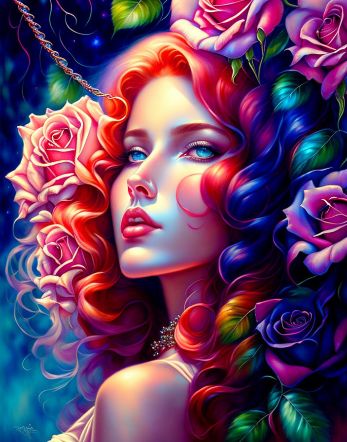 Colorful Portrait of Woman with Flowing Hair and Multicolored Roses