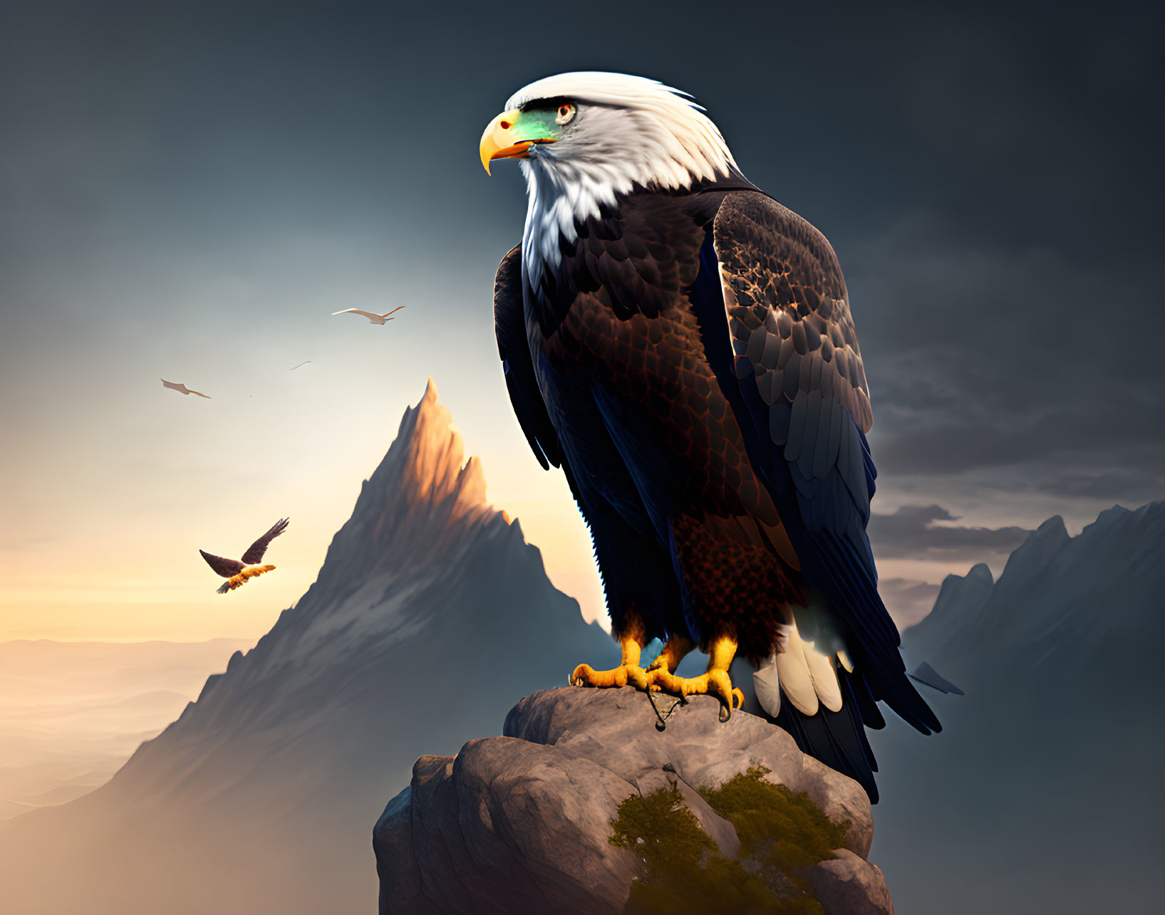 Majestic bald eagle on rocky outcrop with mountain backdrop at sunset