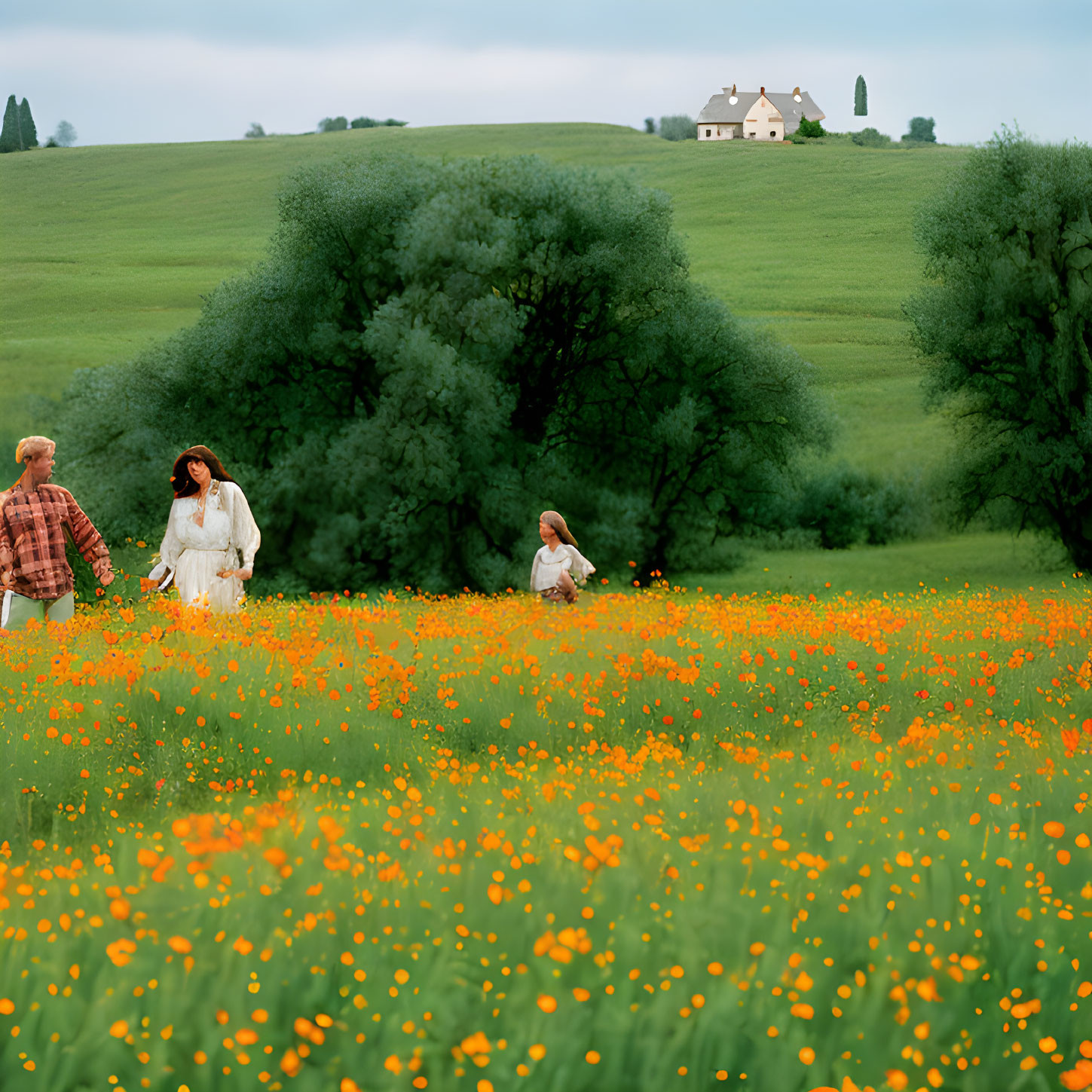 Vibrant orange flower field with three people walking, green trees, and distant house