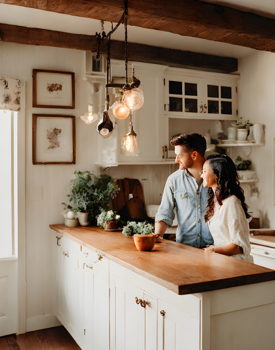 Couple standing by kitchen island with plants and rustic decor