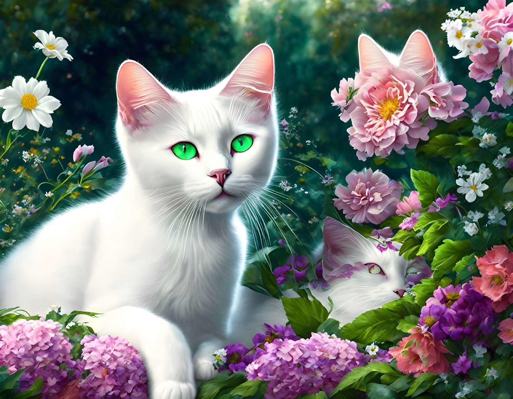 Two White Cats with Green Eyes Surrounded by Colorful Flowers