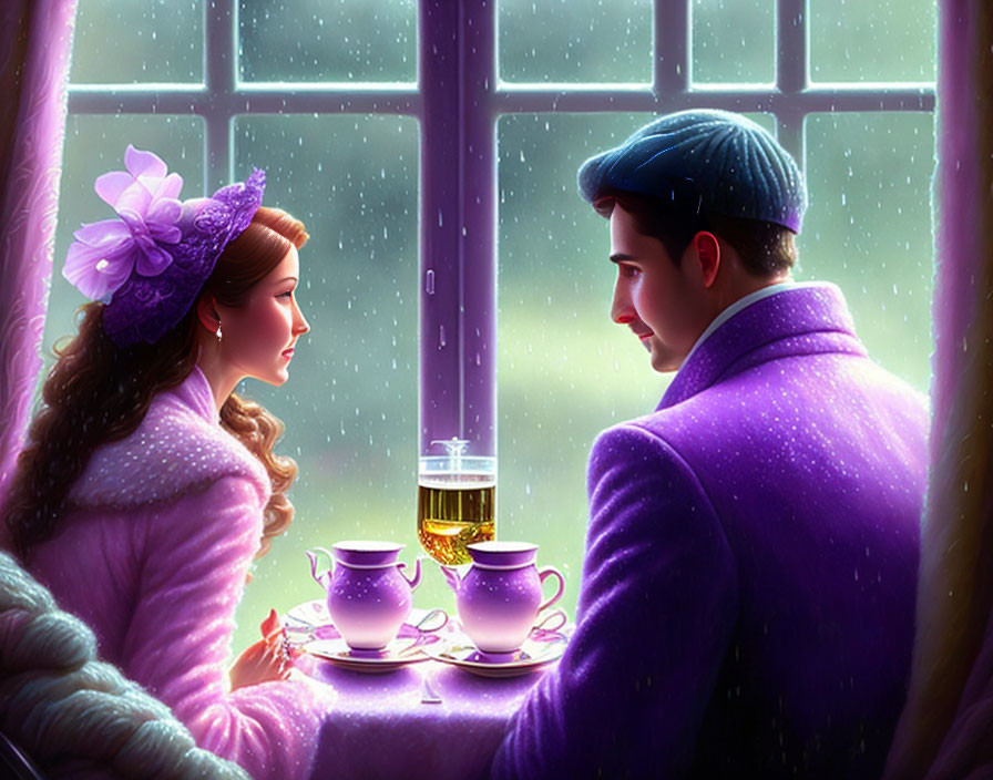 Elegant couple enjoying drinks by window in snowy setting