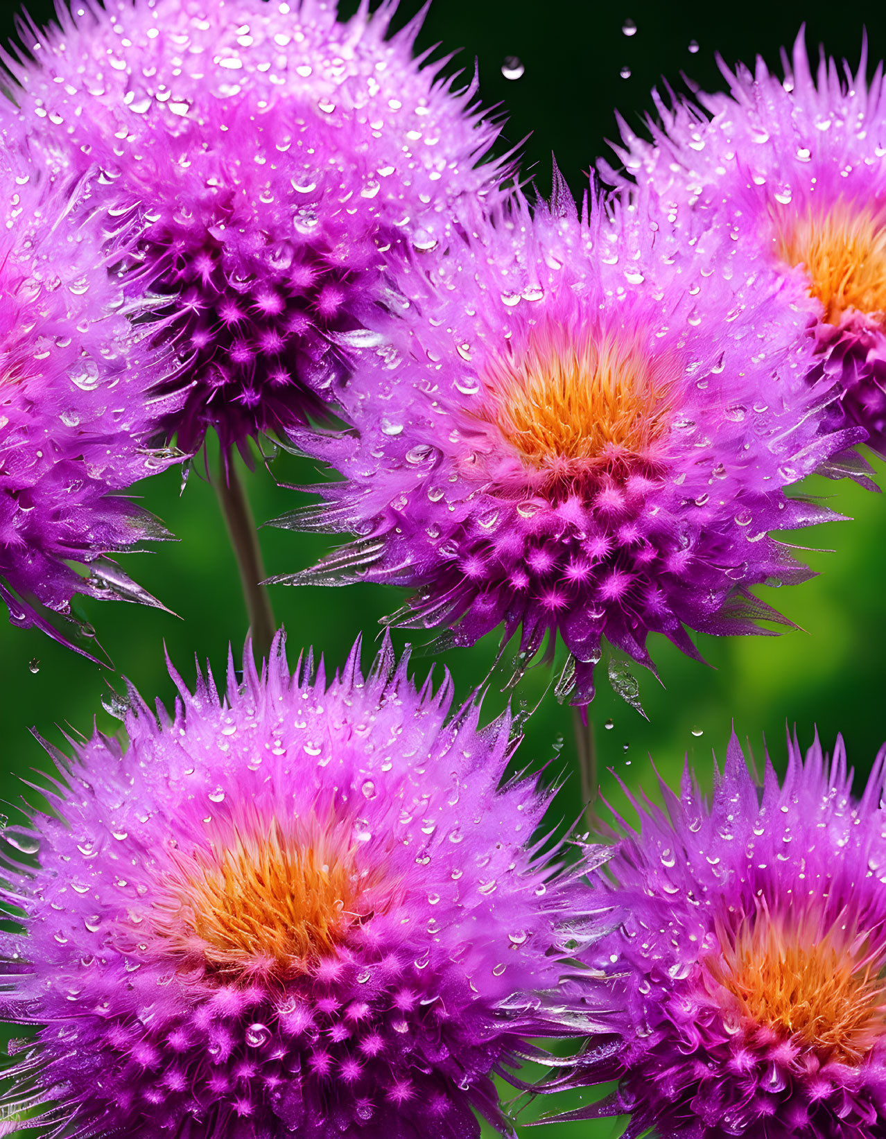 Purple thistle flowers with water droplets on petals against green background