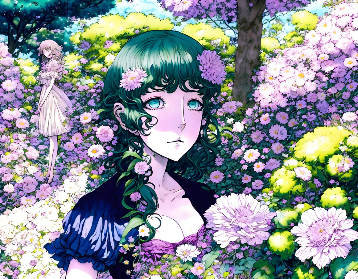 Vibrant green-haired girl with blue eyes among flowers, second girl in white.