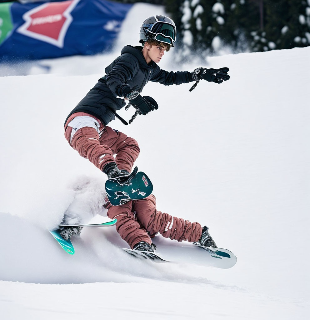 Snowboarder carving fresh snow with dynamic turn under cloudy sky