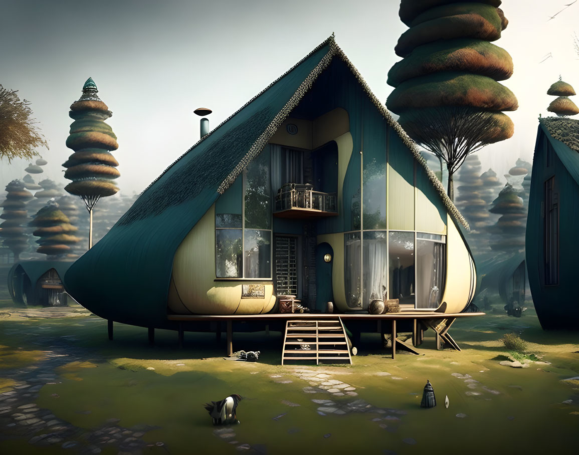 Whimsical house in serene forest with unique trees, cat, and lantern