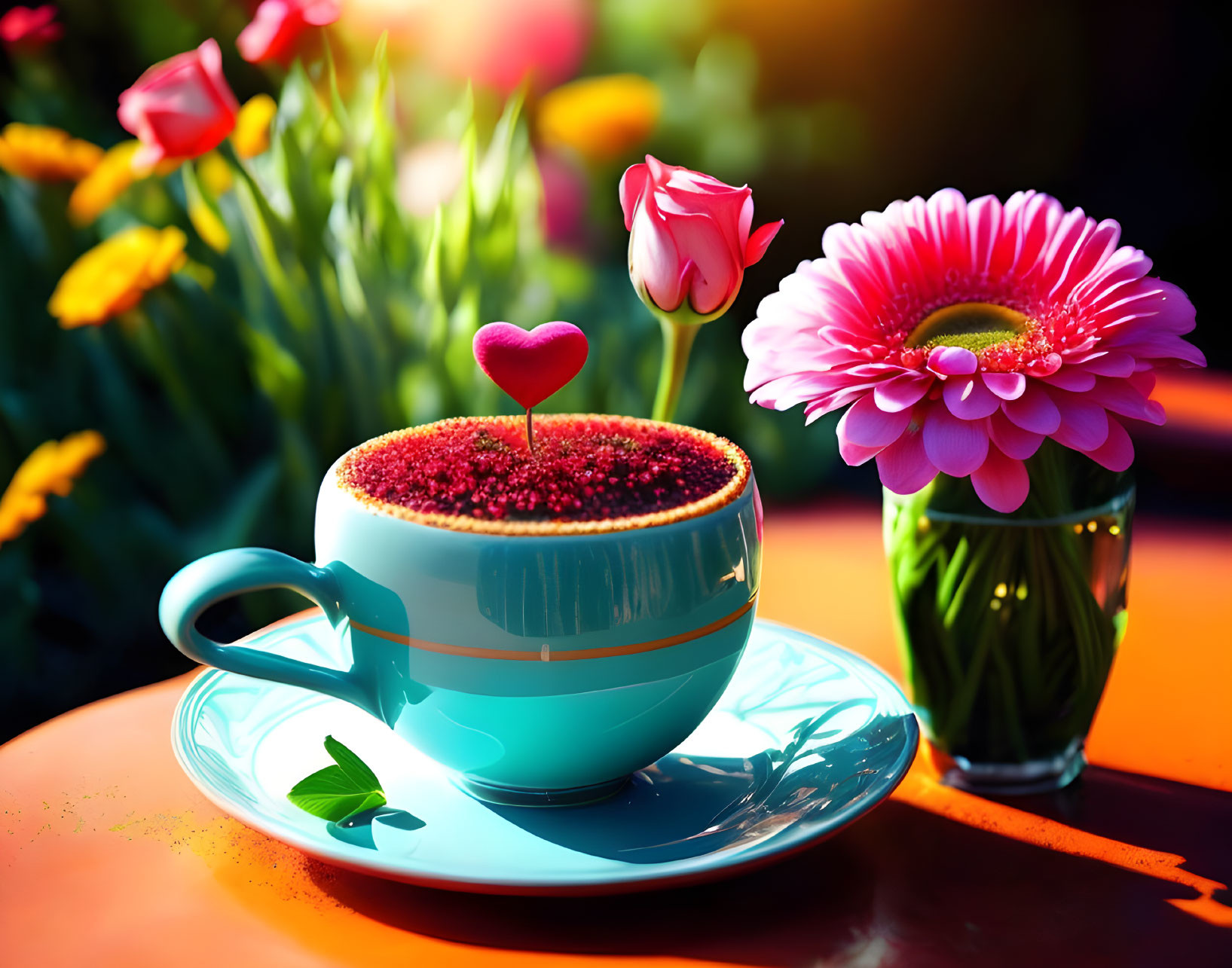 Blue Cup with Heart Adornment on Red Foam and Pink Gerbera Bouquet