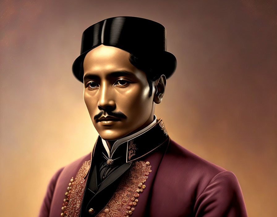 Man with Mustache in High-collar Suit and Bowler Hat on Brown Gradient Background