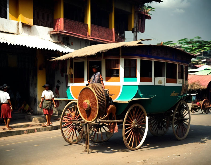 Vibrant horse-drawn carriage on busy street with driver and pedestrians