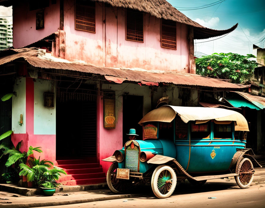 Vintage Blue Tuk-Tuk Parked in Front of Pink Colonial Building