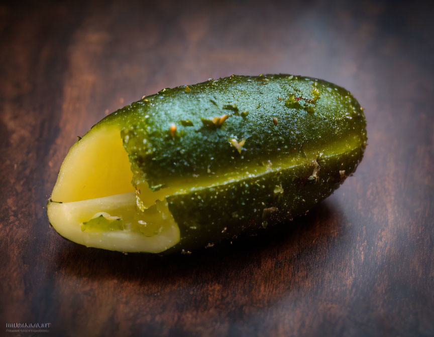 Close-up of Glistening Dill Pickle on Wooden Surface