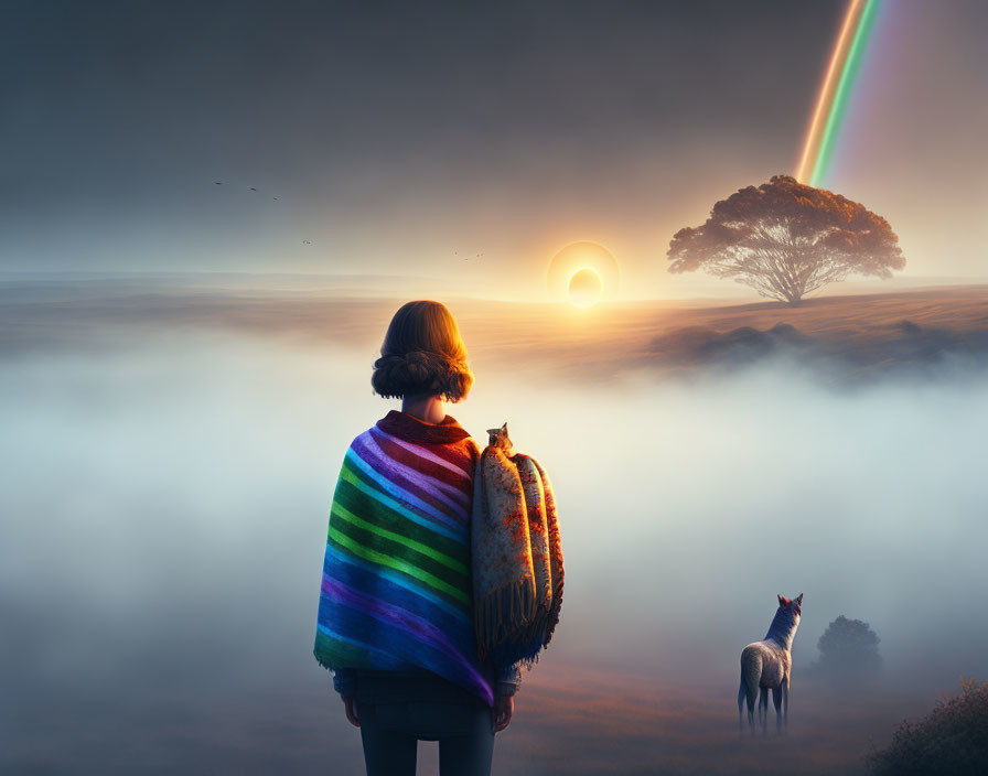 Colorful person in blanket gazes at surreal landscape with tree, rainbow, sun, and llama in