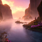 Tranquil Sunrise Scene: River, Pink Flowers, Misty Cliffs