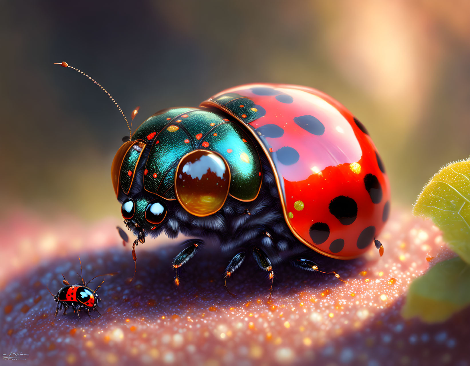 Detailed Illustration: Large Vibrant Ladybug with Smaller Companion