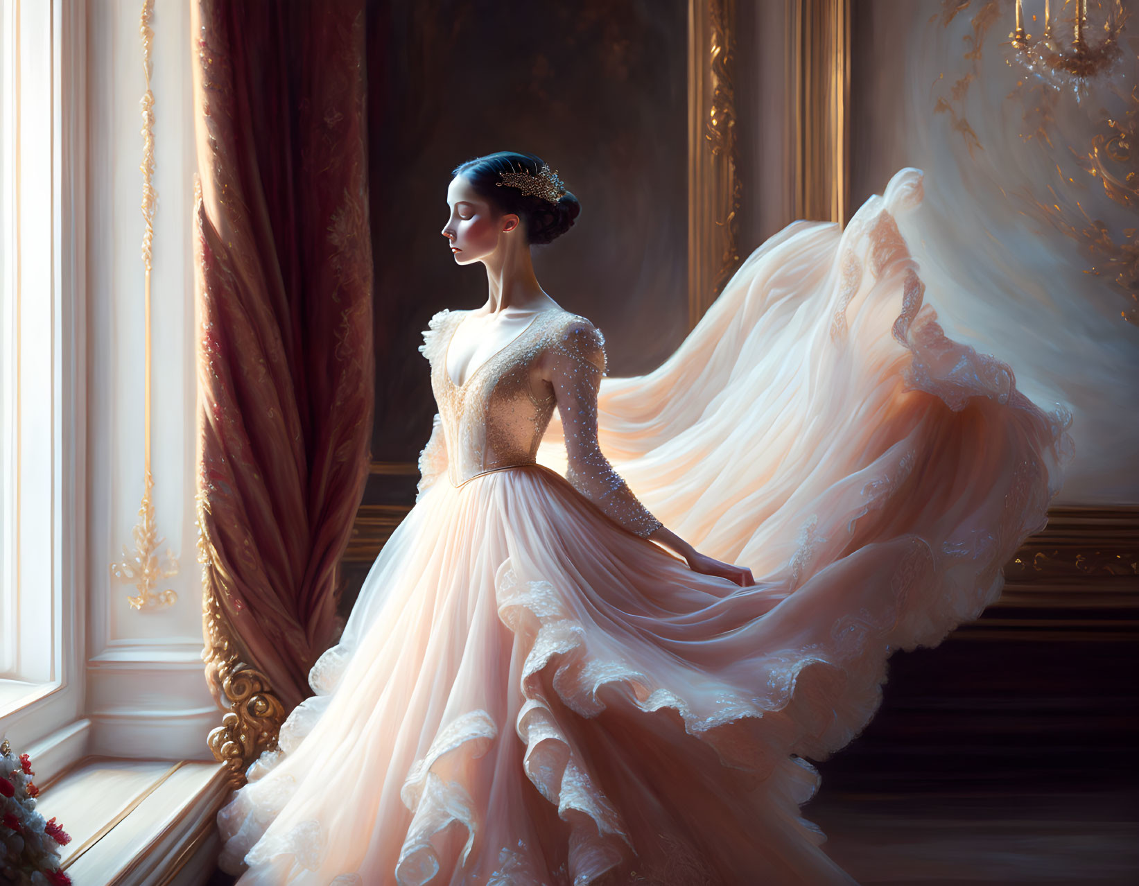 Woman in Peach Gown with Lace Details Looking out a Window