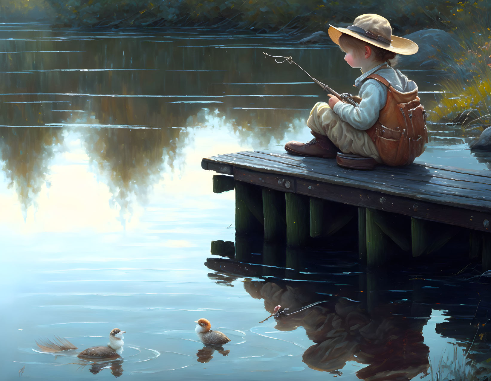 Child fishing on wooden dock by tranquil lake with ducks swimming