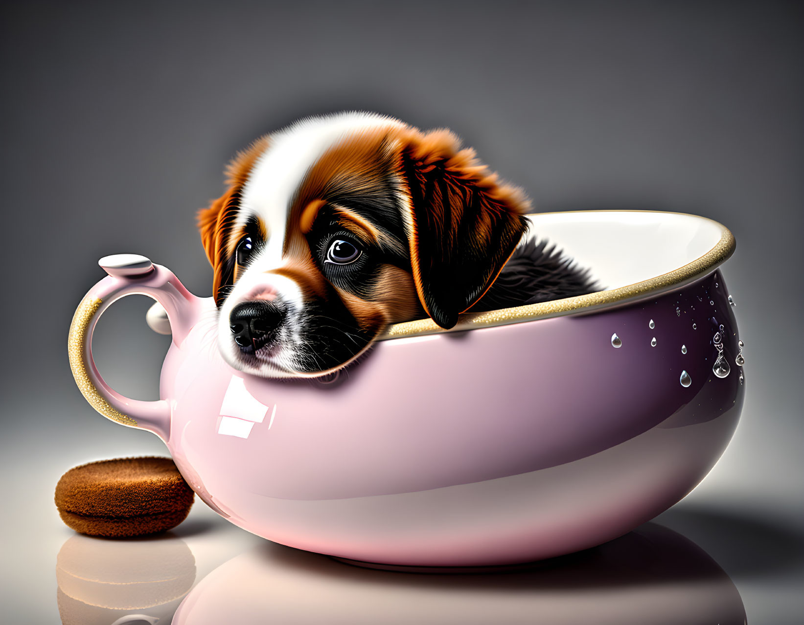 Realistic brown and white puppy in a pink teacup with a biscuit