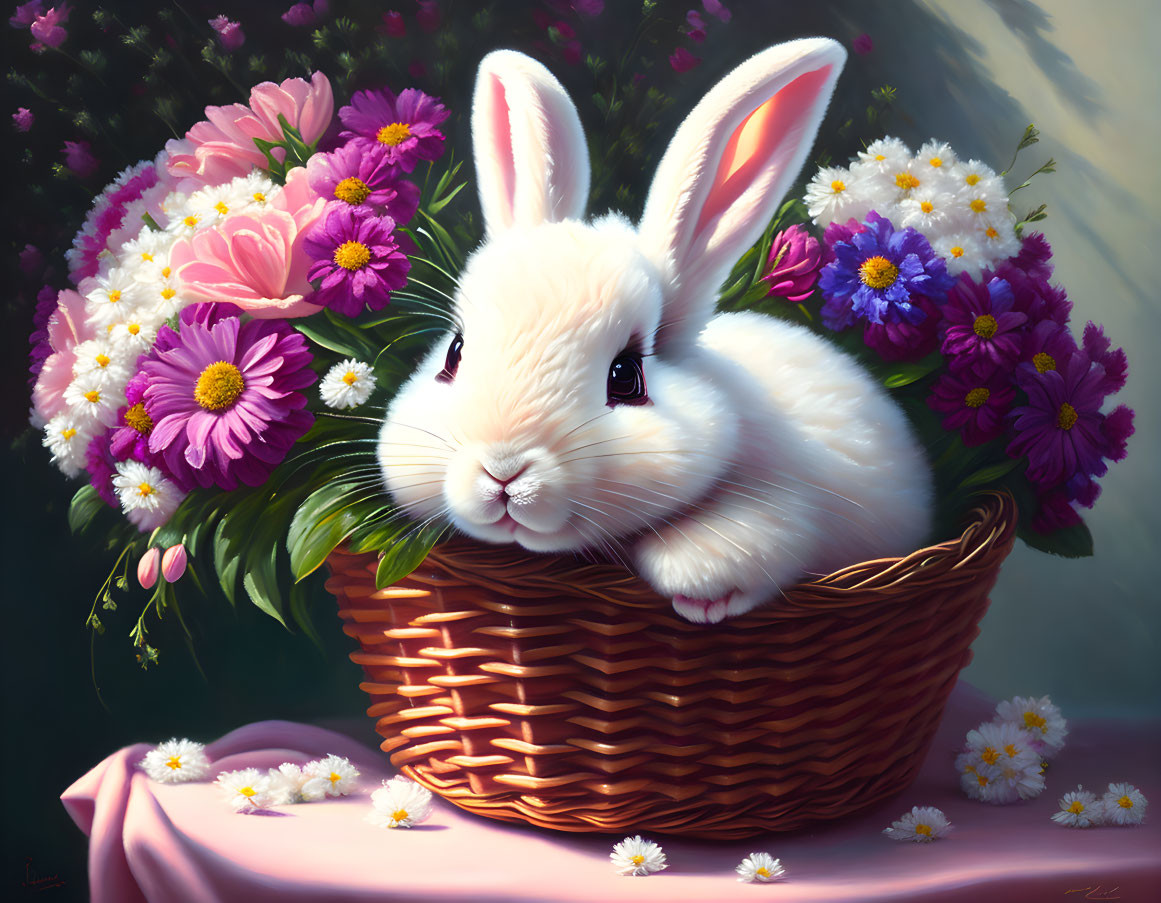 White Bunny in Wicker Basket Surrounded by Colorful Flowers