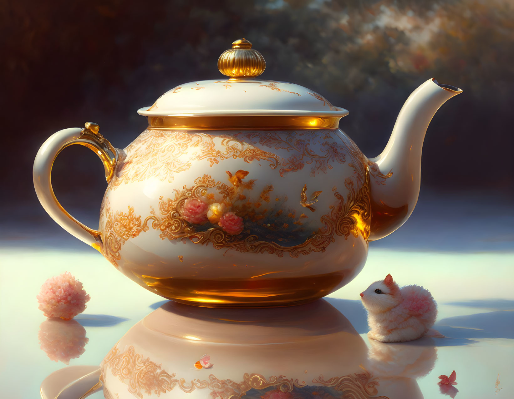 White Teapot with Gold Trim and Floral Pattern Next to Fluffy White Creature