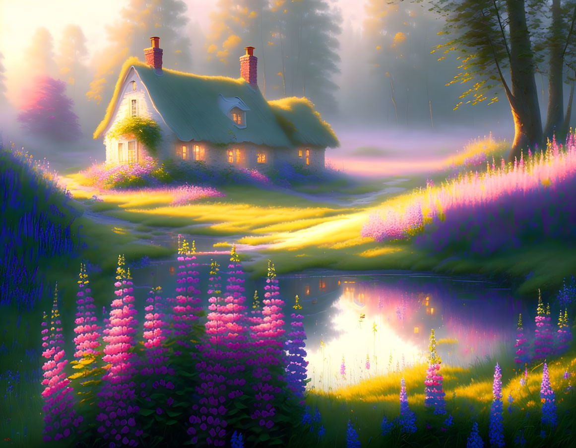 Tranquil cottage with vibrant flowers and serene pond at sunset