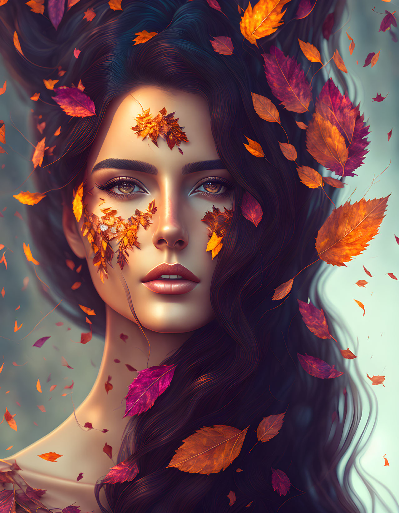 Digital artwork: Woman with autumn leaves in flowing hair, warm color palette, serene expression