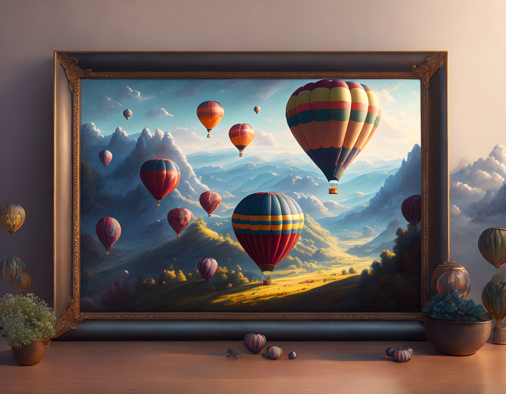 Colorful hot air balloon painting on wall with decorative items