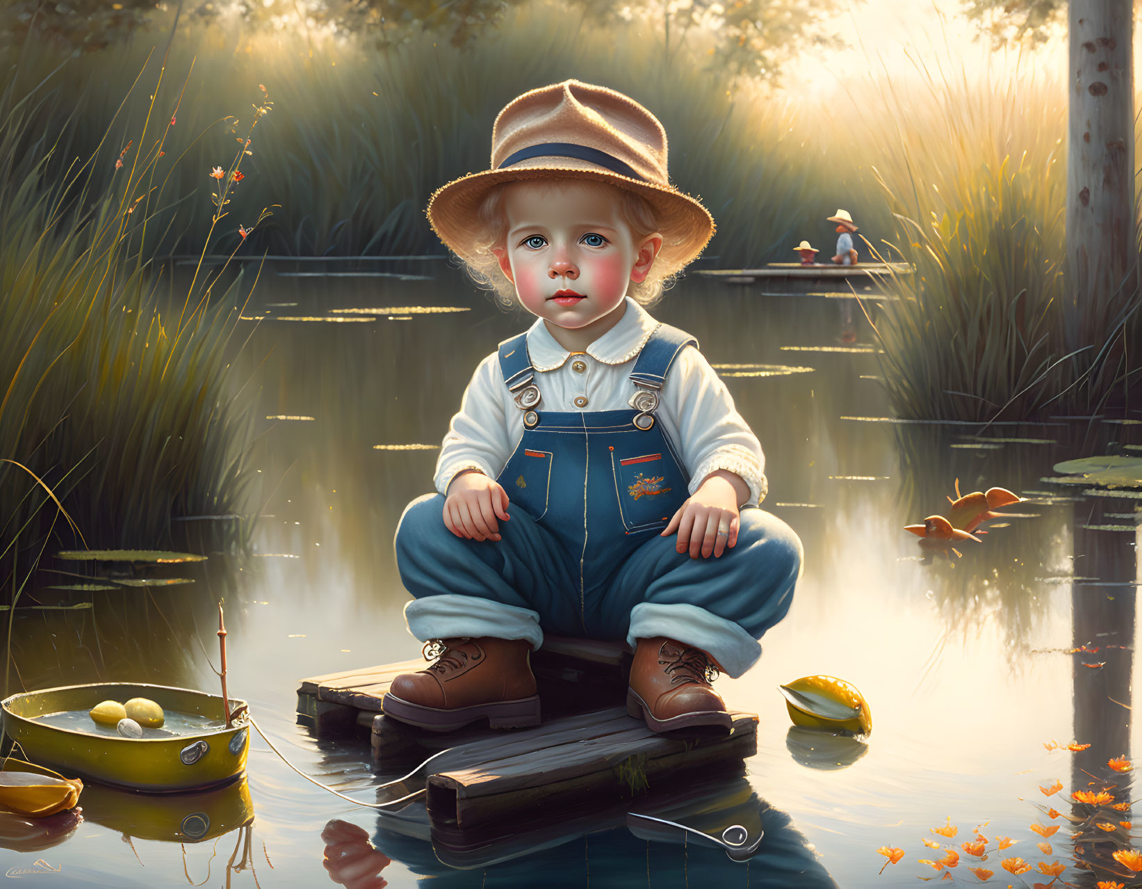 Child in hat and overalls on wooden raft with toy boat, lemons, and frog by pond