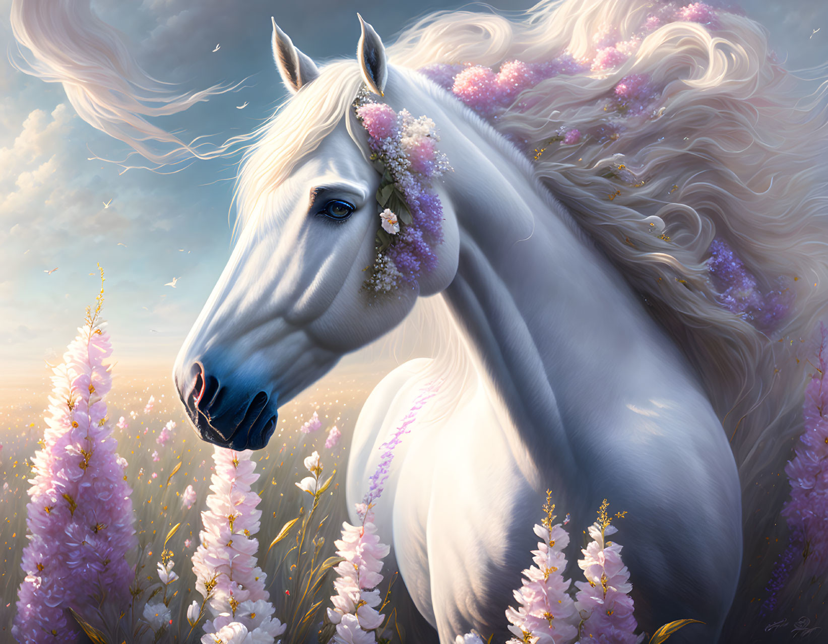 White Horse Standing in Field of Pink Flowers under Cloud-Streaked Sky