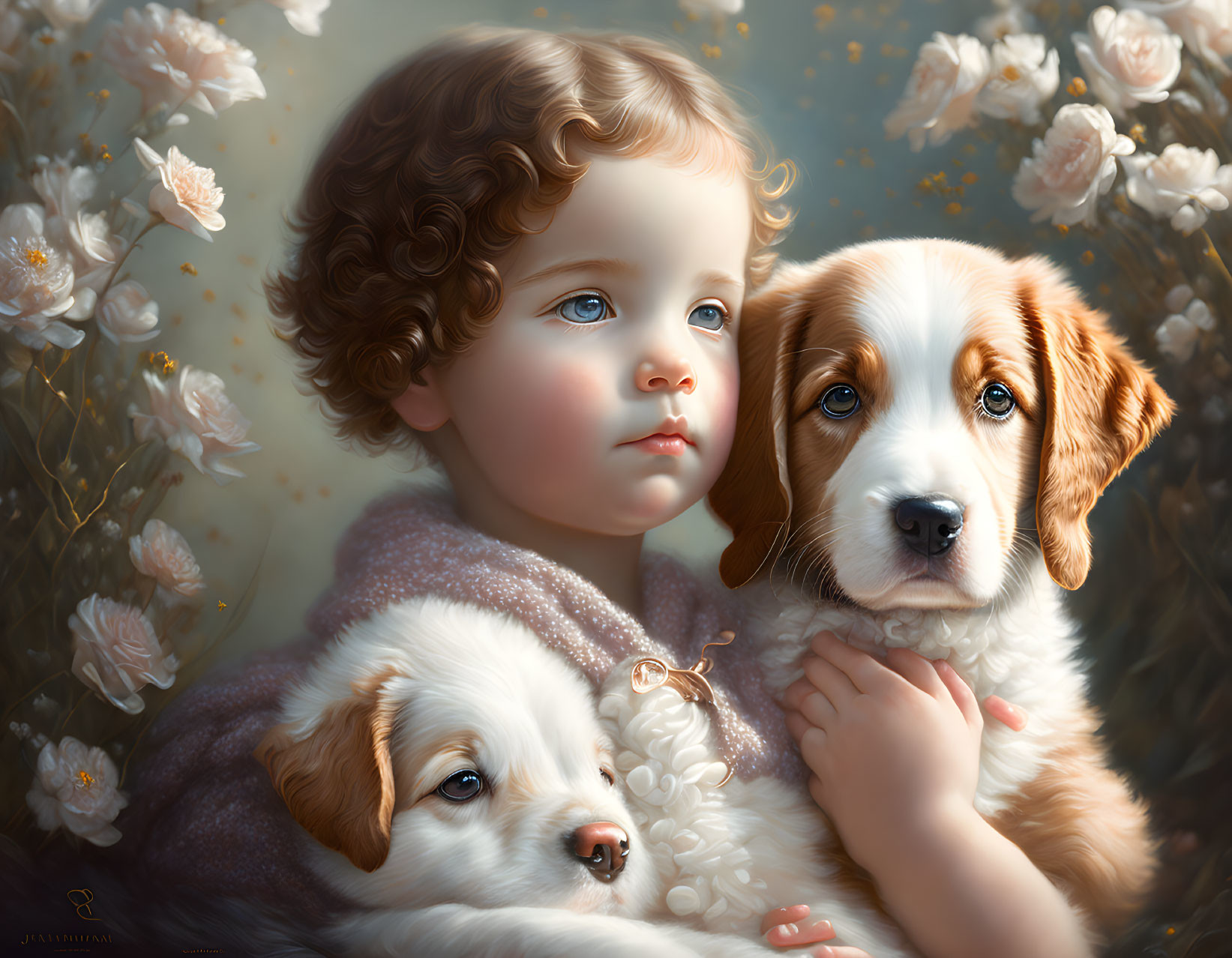 Child with Curly Hair Hugging Puppies in Flower Field