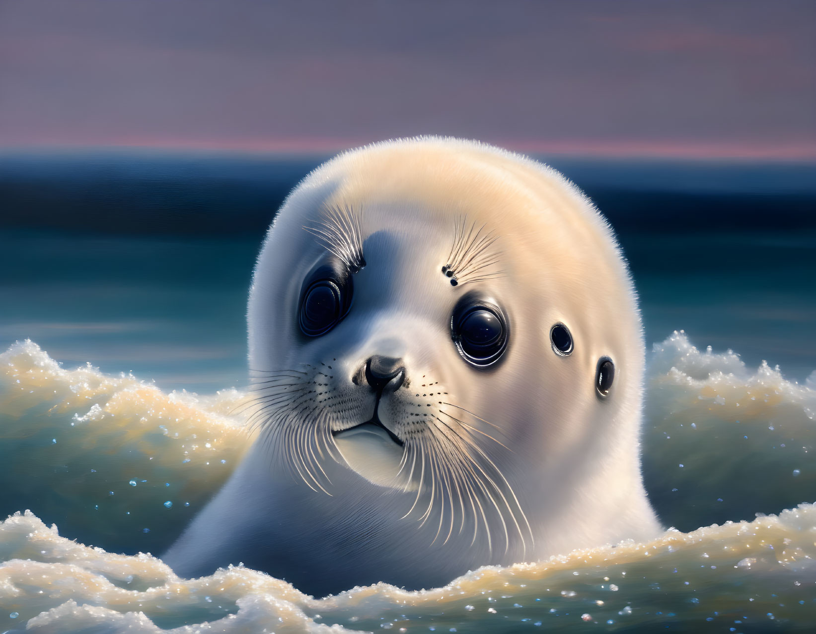 Curious Baby Seal in Water with Glossy Eyes and Pastel Sky