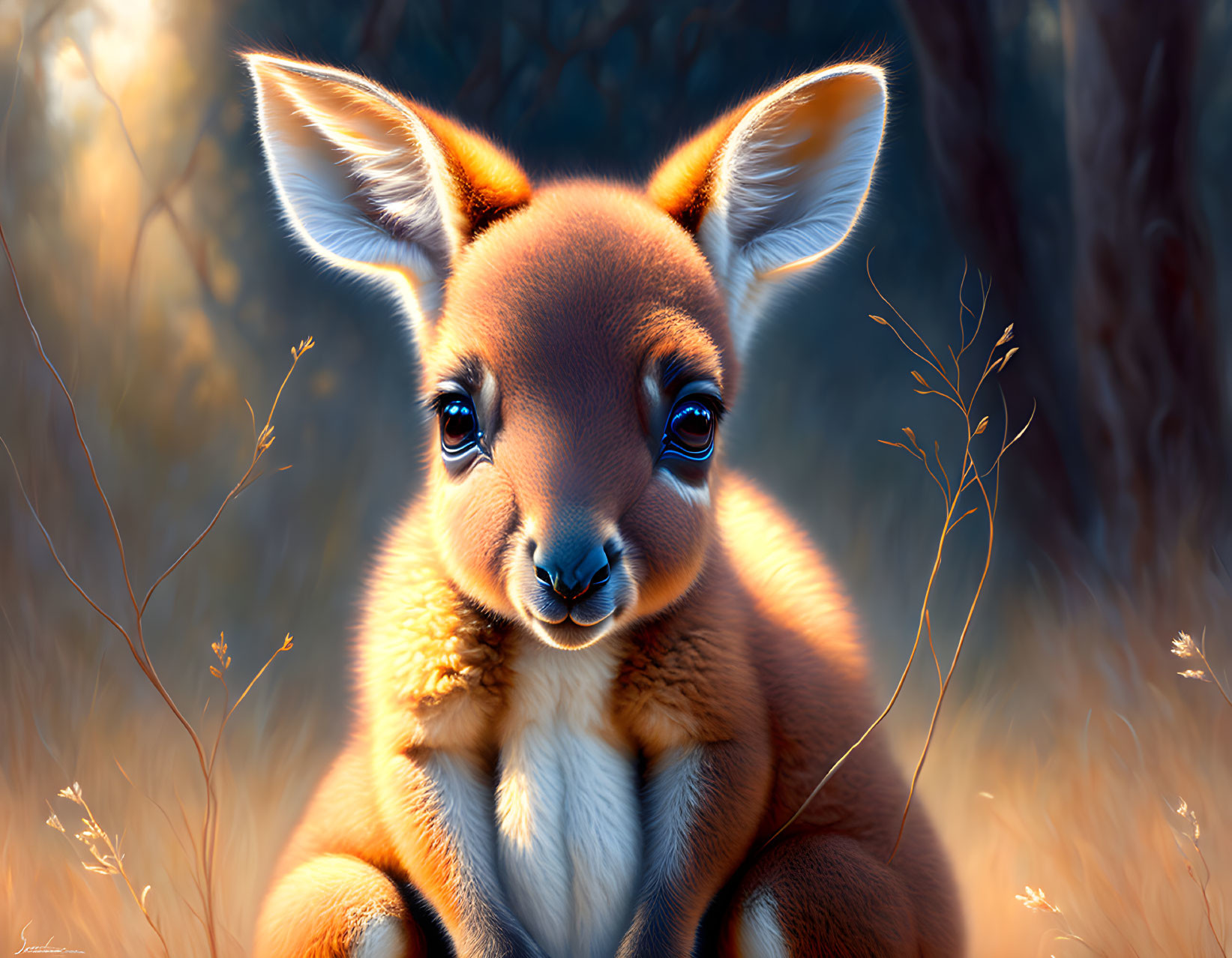 Anthropomorphized kangaroo joey in serene forest setting