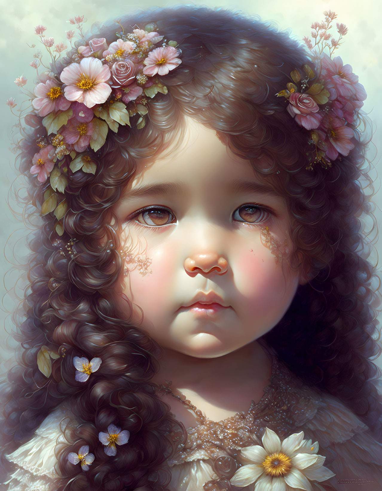 Young girl portrait with curly hair and floral crown in soft lighting