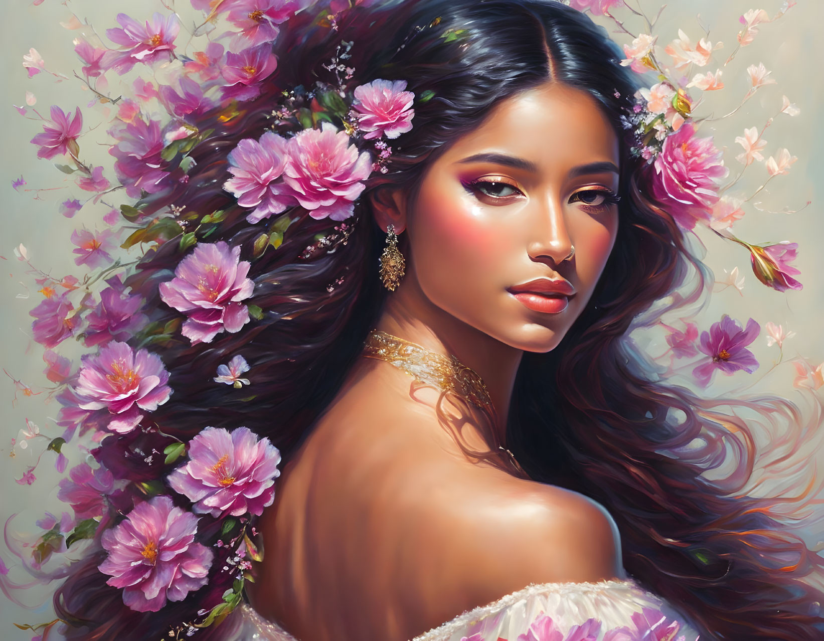 Woman portrait with dark hair, pink flowers, warm skin, makeup, and golden jewelry on floral backdrop