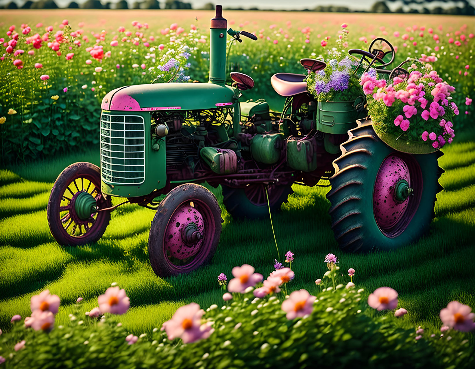 Vintage Green and Pink Tractor Surrounded by Vibrant Flowers in Lush Field