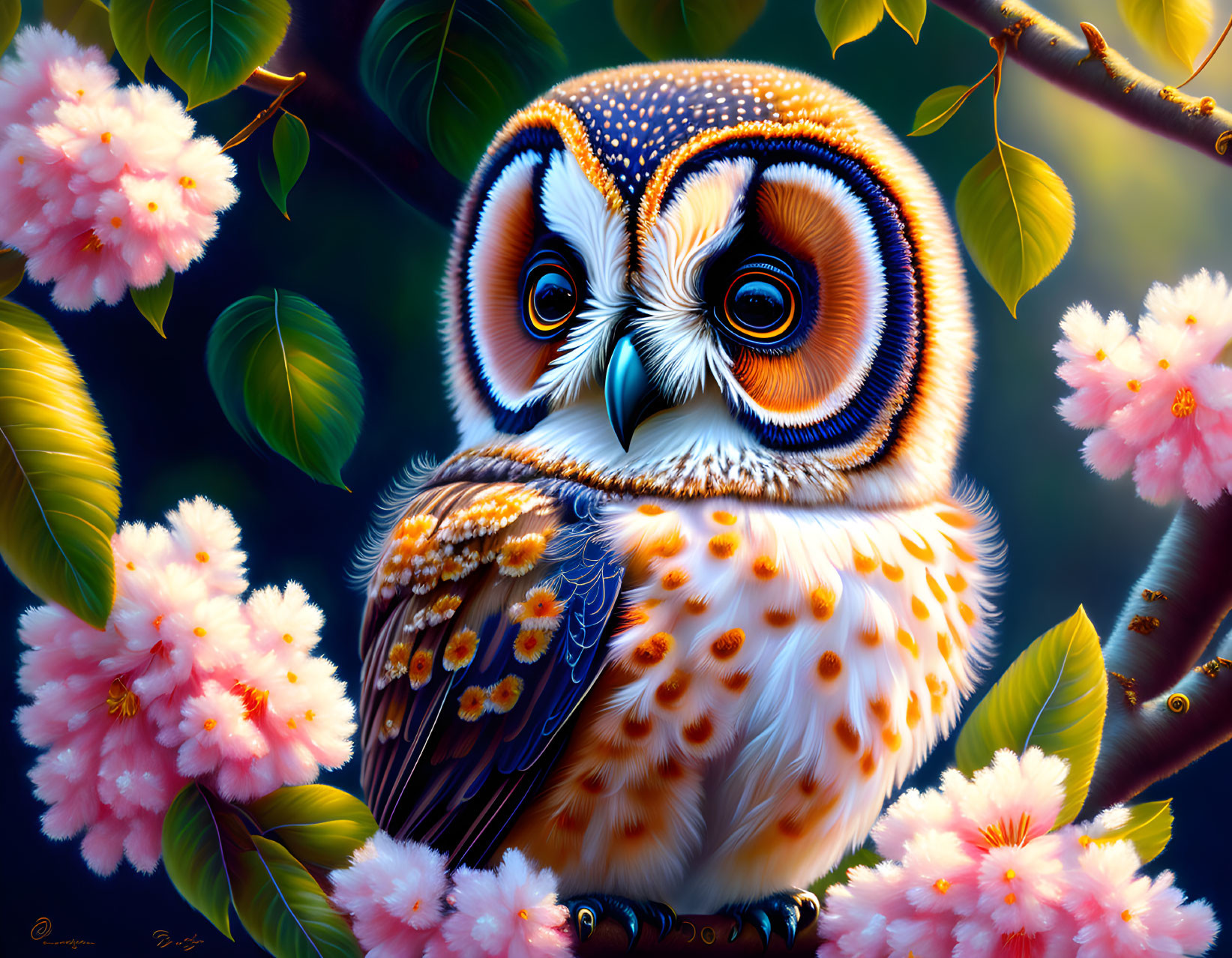 Colorful digital artwork: stylized owl on branch with cherry blossoms