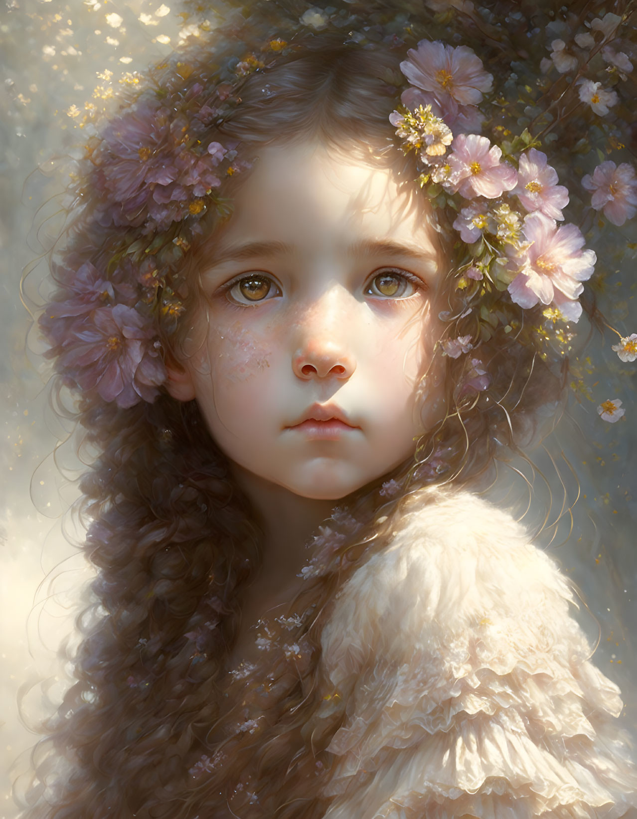 Portrait of young girl with curly hair and pink flowers in dreamy lighting