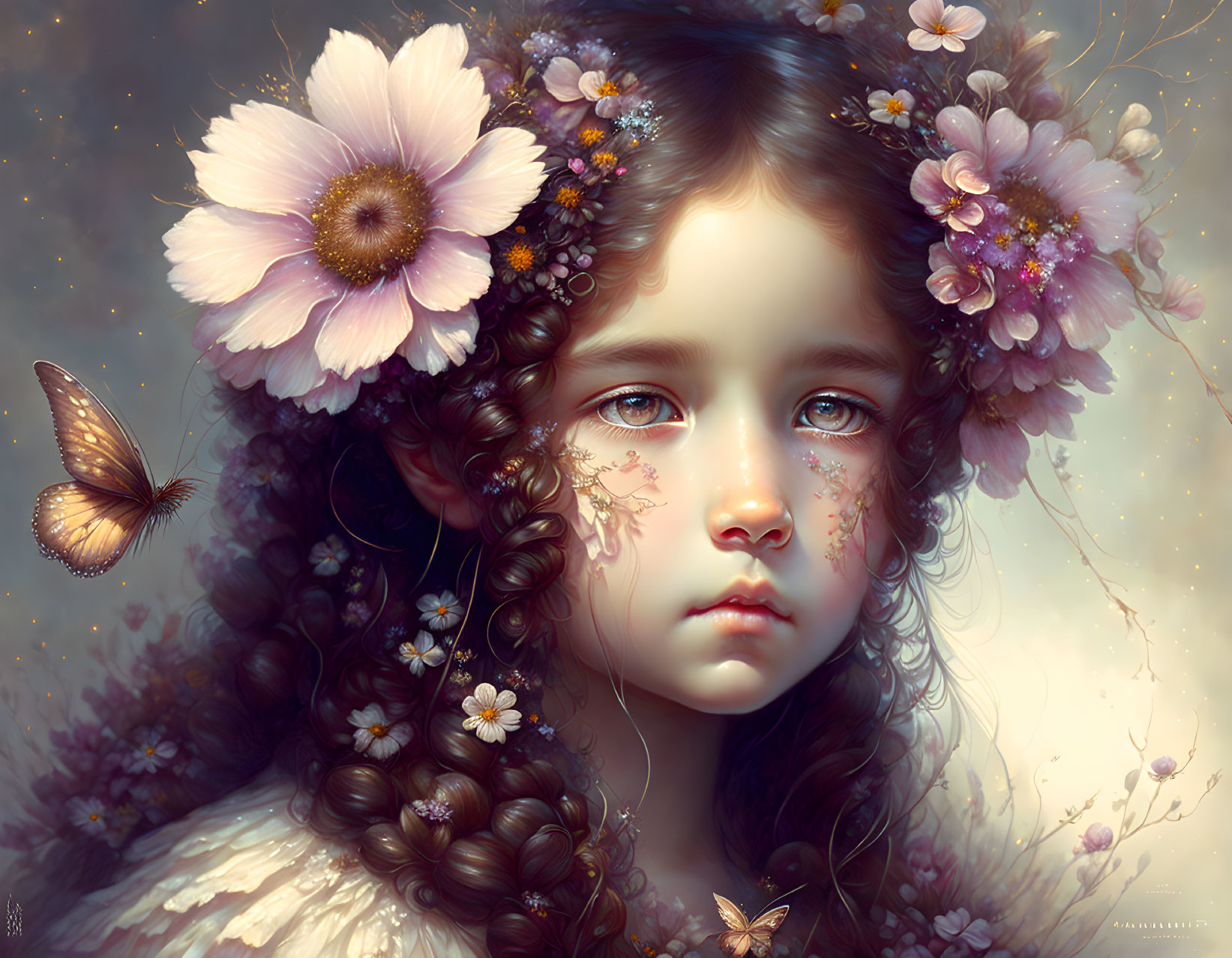 Digital artwork of young girl with flowers and butterflies in ethereal setting