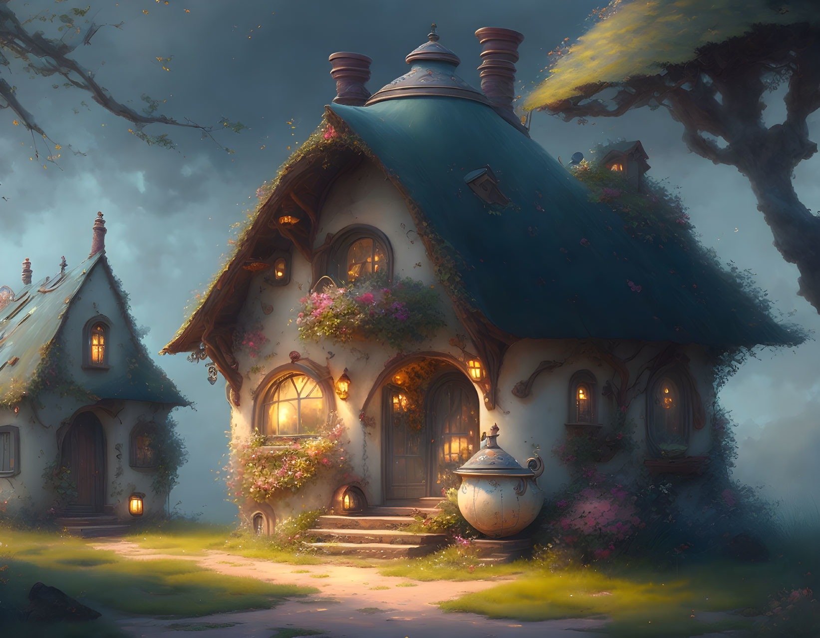 Glowing fairytale cottages in twilight garden landscape