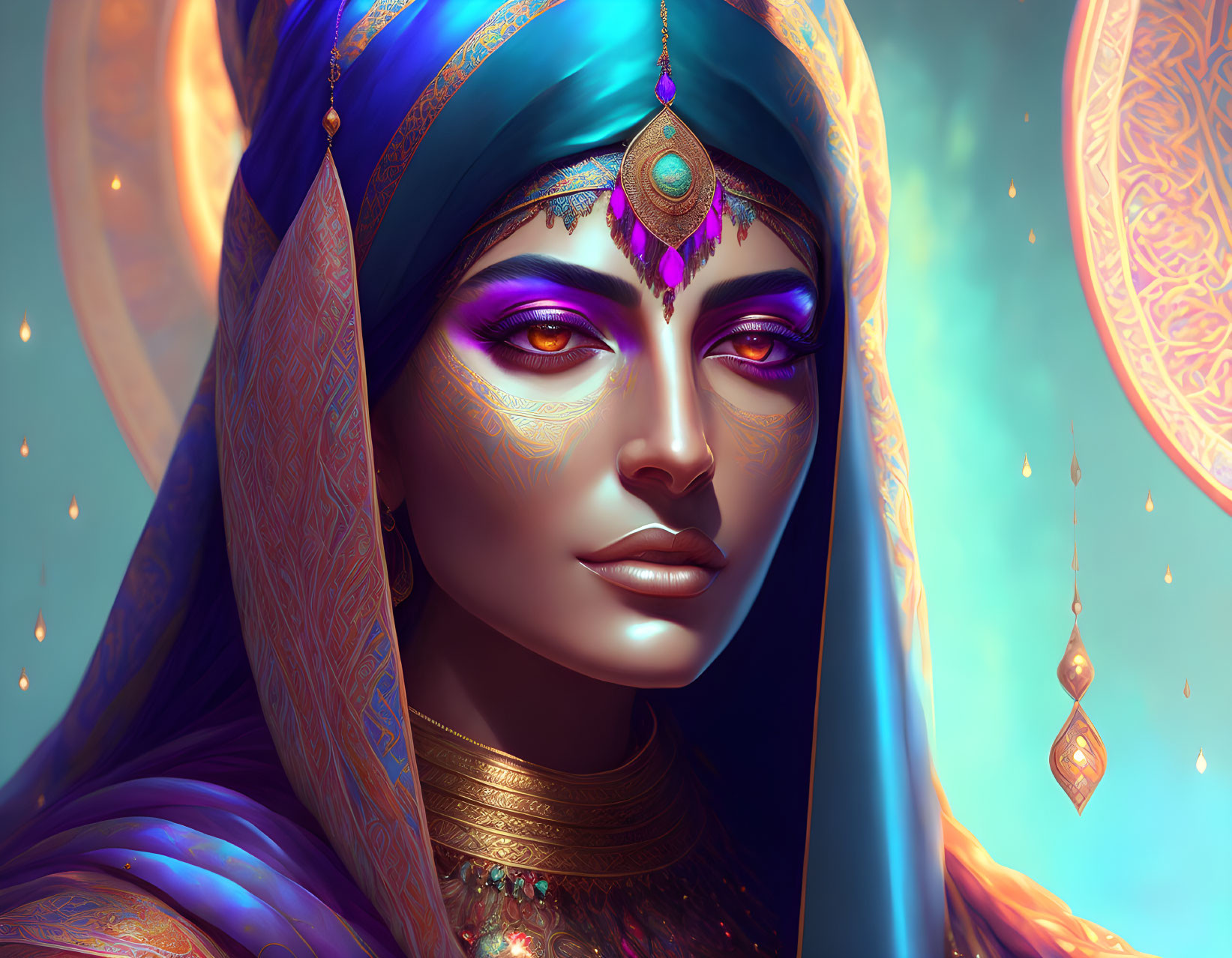 Regal woman in jewel-toned attire with purple eyes and turban