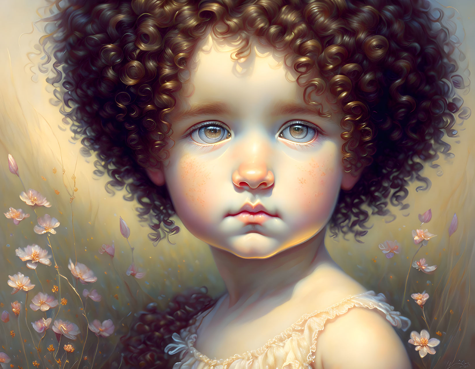 Child with Big Blue Eyes and Curly Hair Surrounded by Flowers