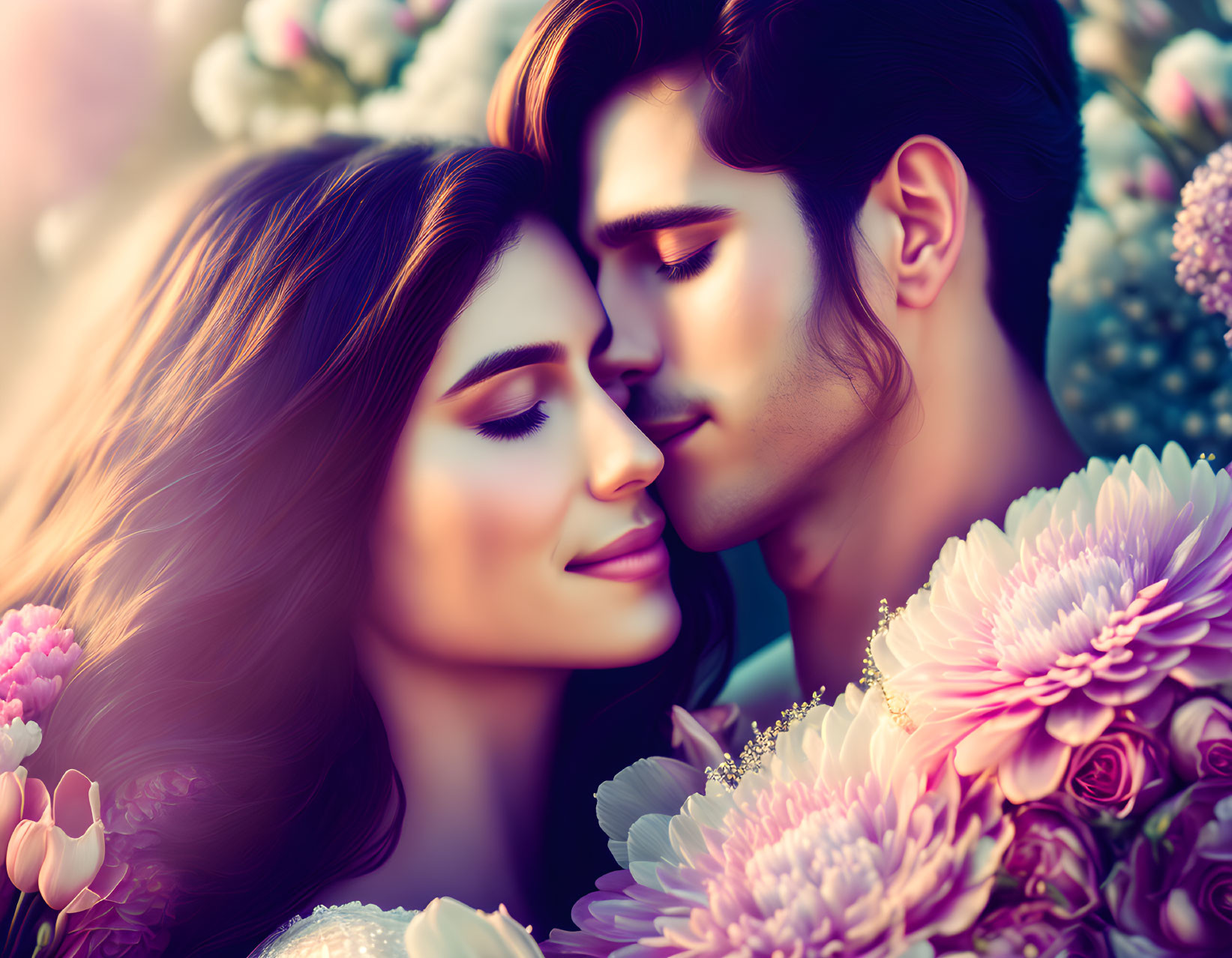 Romantic couple surrounded by vibrant flowers in peaceful embrace