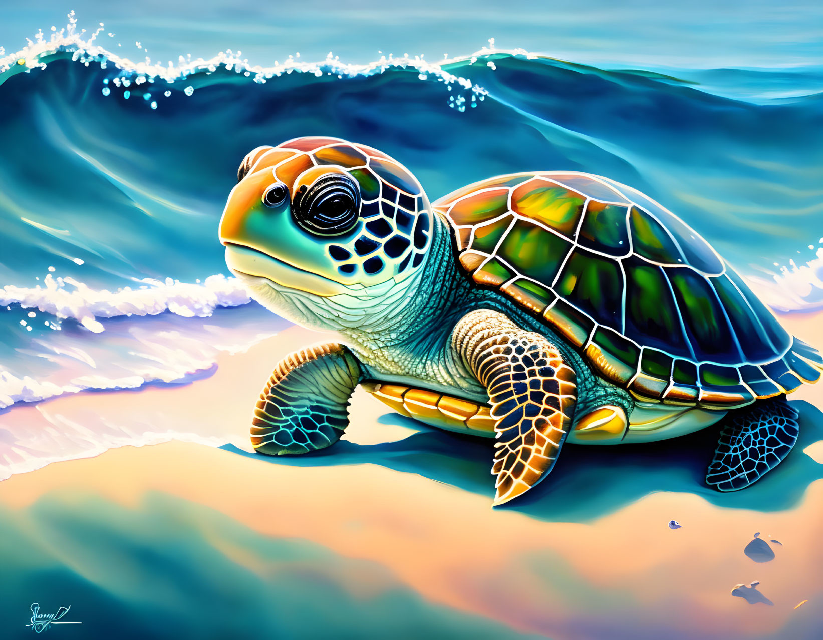 Colorful Sea Turtle Illustration on Beach with Waves and Crab