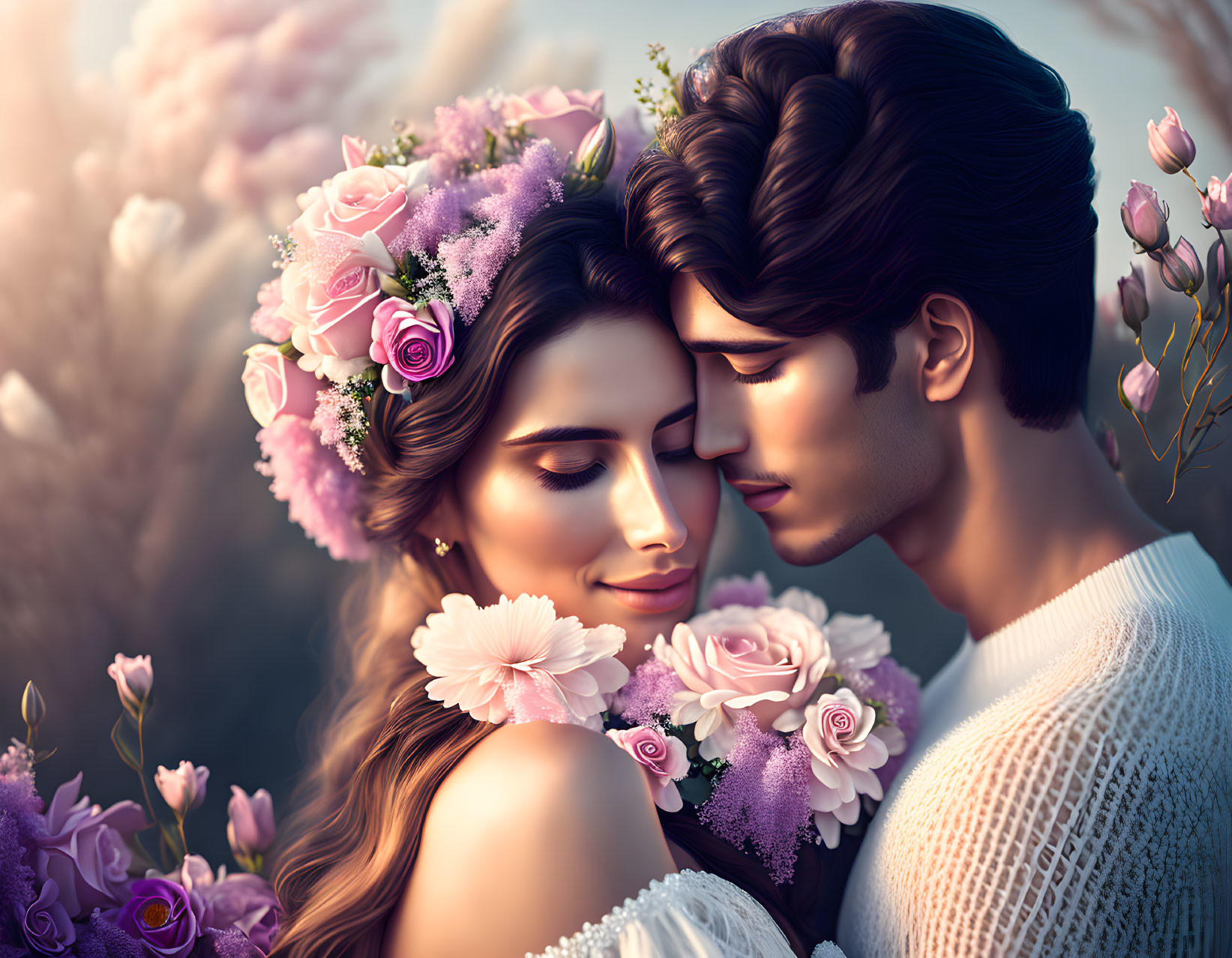 Romantic couple touching foreheads in soft floral setting