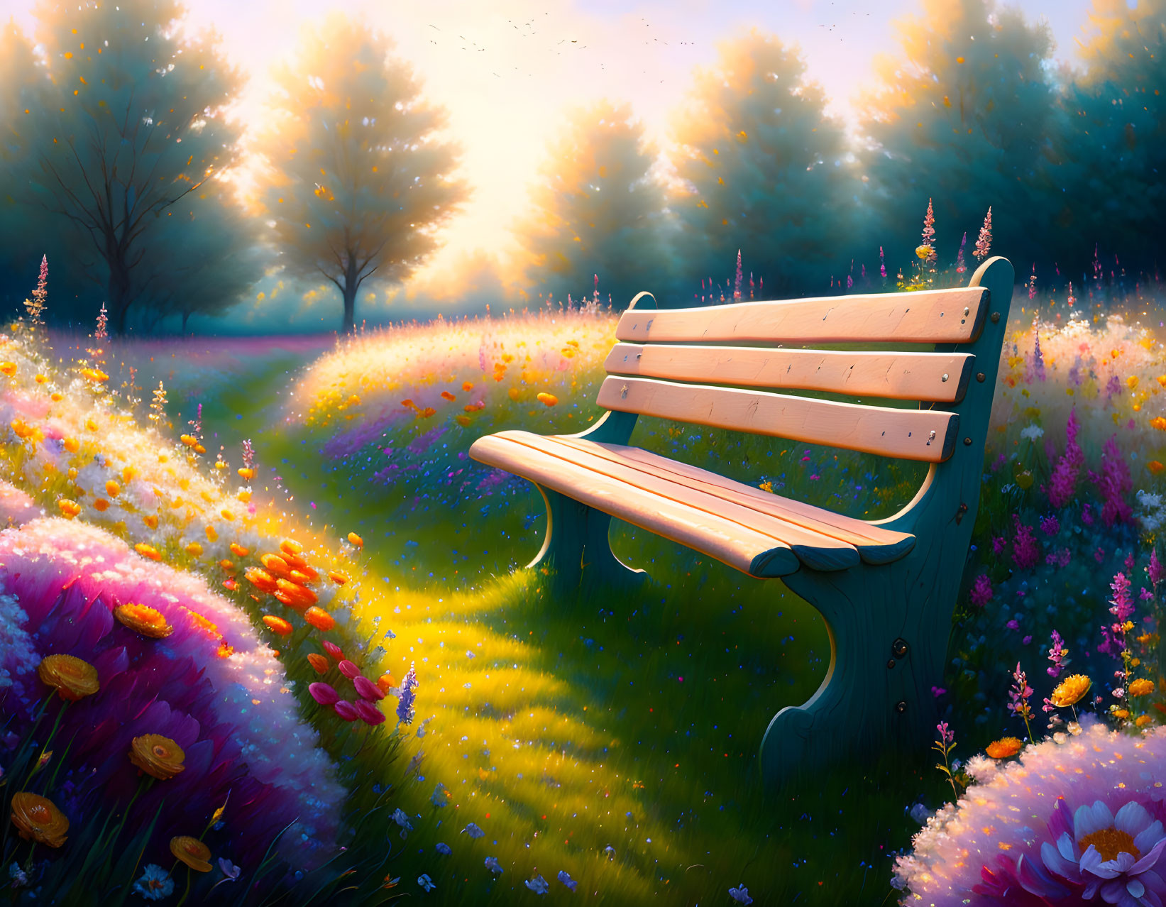 Tranquil Sunrise Park Scene with Wooden Bench and Wildflowers