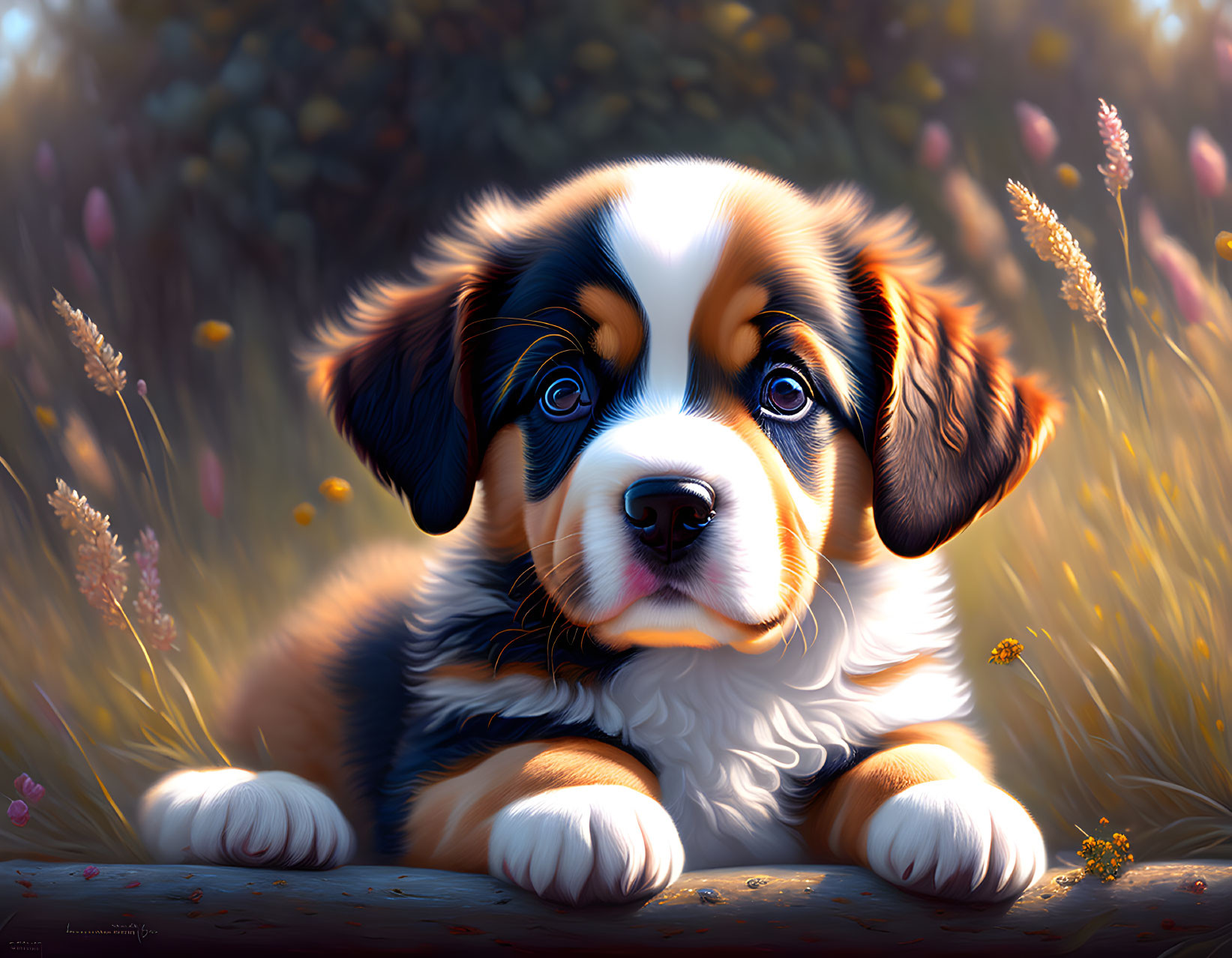 Bernese Mountain Puppy in Sunlit Meadow with Golden Bokeh Highlights