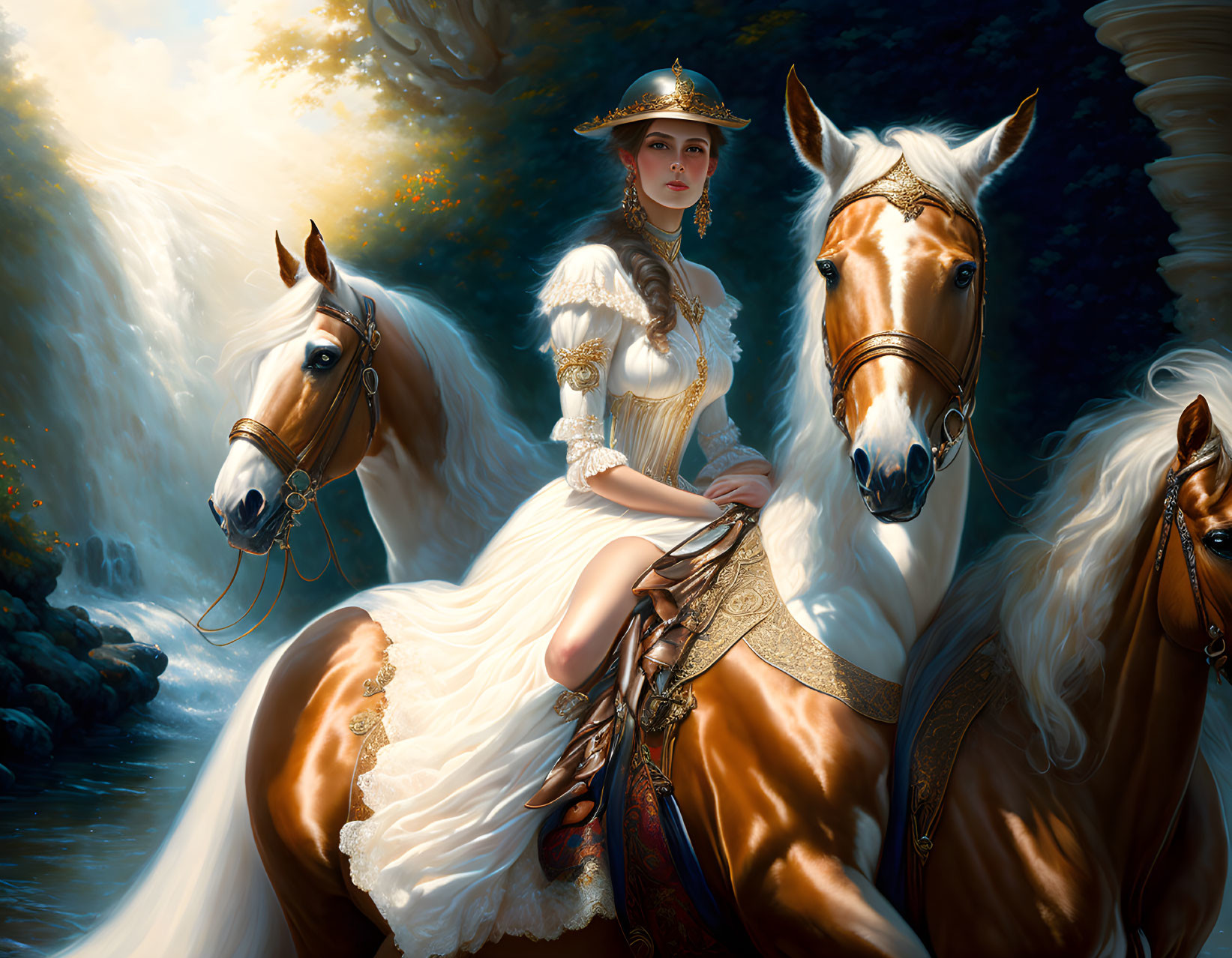 Woman in vintage attire on horse with two horses in forest setting