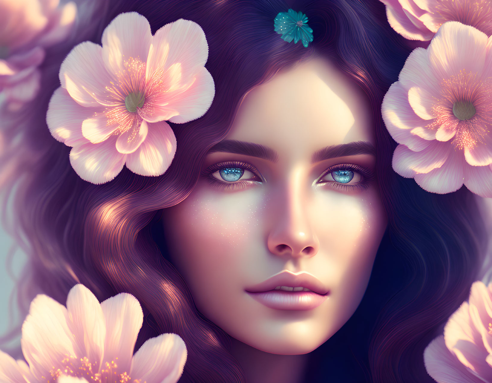 Digital Artwork: Woman with Blue Eyes and Pink Flowers